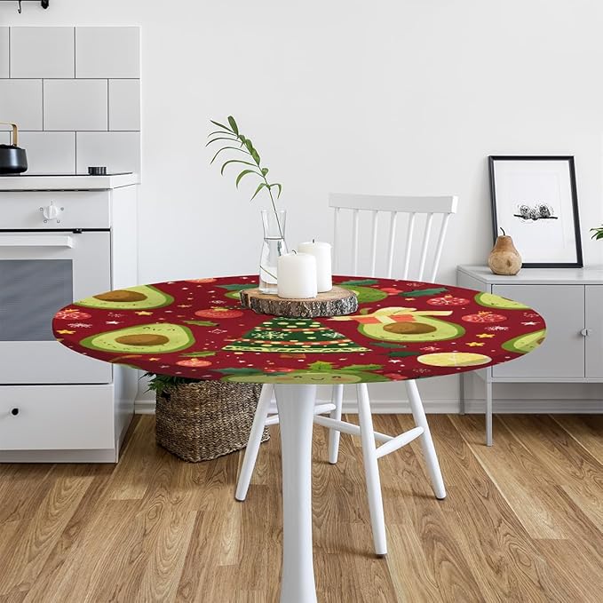 Christmas Tree Avocado Green Round Table Cloth Cover, Elastic Edge Waterproof Wipeable Tablecloths 36"-42" Polyester Tablecloth for Party Restaurant Banquet Holiday Camping Outdoor Picnic