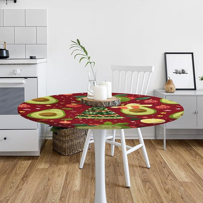 Christmas Tree Avocado Green Round Table Cloth Cover, Elastic Edge Waterproof Wipeable Tablecloths 36"-42" Polyester Tablecloth for Party Restaurant Banquet Holiday Camping Outdoor Picnic