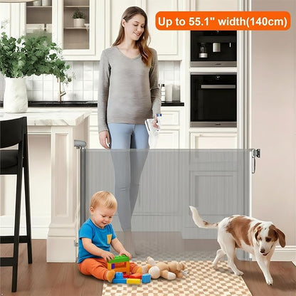 Retractable Safety gate,Child/pet/Dog/cat Temporary Door, Baby Safety Temporary Door, mesh Soft Material, Expands to 55.1" Wide, Suitable for Stairs/corridors/Indoor/Outdoor(Grey,33.5"x55.1")