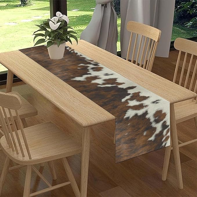 Cow Print Table Runner, Brown Cowhide Print Western Style Table Runner Country Farmhouse Cottage Cow Pattern Linen Table Decoration for Home Kitchen Dining 13x108