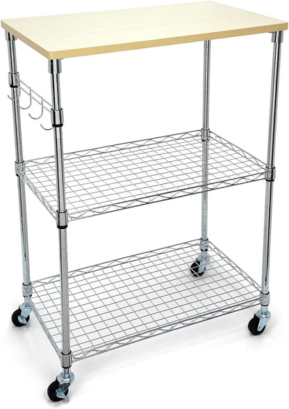 Chrome 3-Tier Rolling Kitchen Cart with Wheels 14" D x 24" W x 34" H and Wood Board Tabletop and 4 Hooks, 300 Pound Capacity, Great for Coffee Cart, Food Service Cart or Utinity and More.