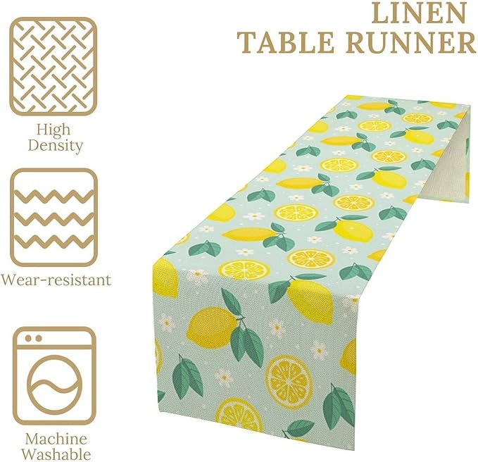 Spring Lemon Table Runner, Summer Seasonal Green Leaves Flowers Yellow Fruit Print Table Runner for Farmhouse Kitchen Dining Table Home Party Decor 13x70in