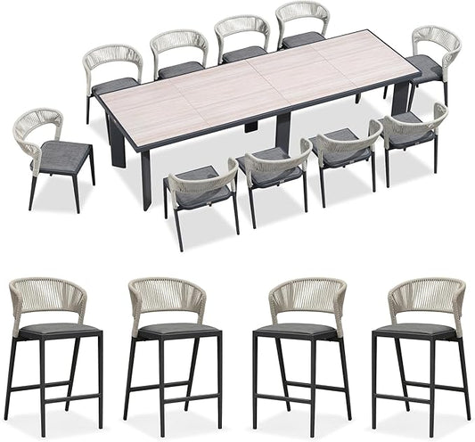 PURPLE LEAF 11 Pieces Outdoor Dining Set Patio Table and Chairs Set Aluminum Wicker Rattan Patio Furniture Set for Lawn Garden Porch Beige Marble Color Outdoor Set with Counter Stools