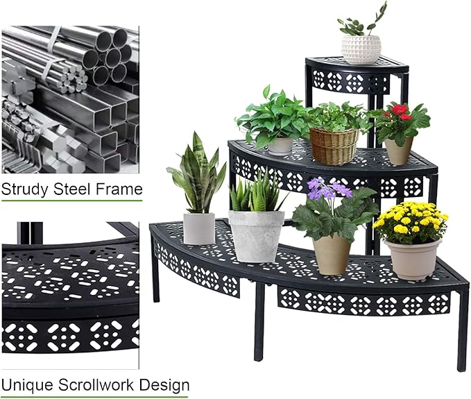 3-Tier Metal Plant Stand, Corner Plant Stands Outdoor Indoor | Semi-circular - Image 5