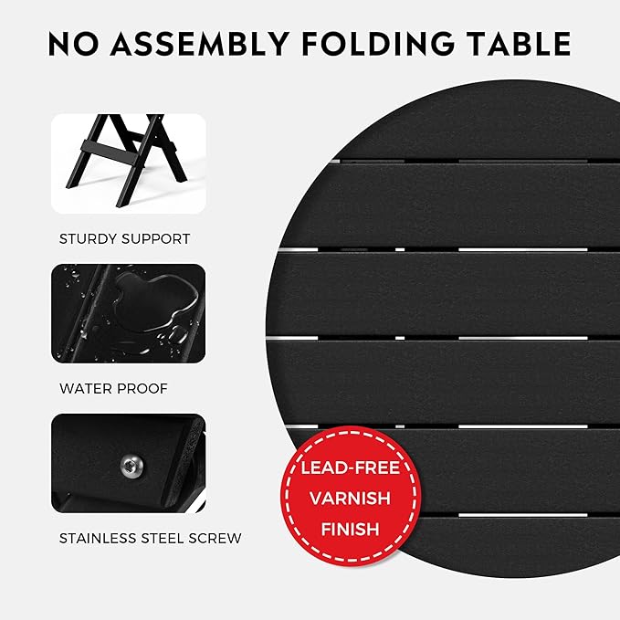 Costaelm Paradise HDPE Outdoor 24.5 Inch Round Portable Folding Patio Dining Table, Black