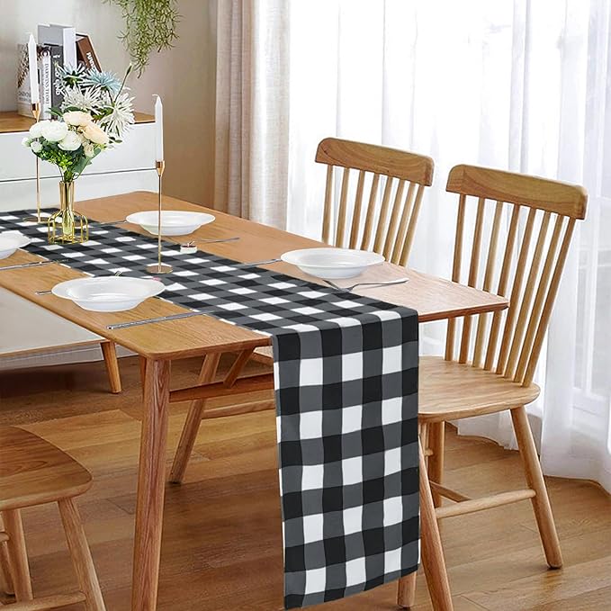 Fabric Checkered Table Runner 1 Pack Waterproof Gingham Table Runner 14W x 108L Buffalo Check Table Runners for Parties Kitchen Dining Wedding Banquet (Black and White)