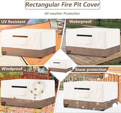 Fire Pit Cover Rectangular, Outdoor Heavy Duty 600D Tear-Resistant 100% Waterproof 52 Inch Fire Table Cover Rectangle, Patio Weatherproof Rectangular Fire Table Protector, Beige 52" L x 34" W x 24" H