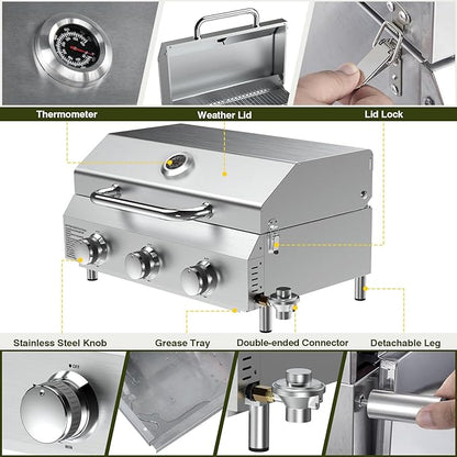 Bestfire 3-Burner Tabletop Gas Grill with Dual Connections, 30,000 BTU Portable Propane Grill Fits Large Cylinders & Small Canisters, Stainless Steel Knobs, Compact Design for Camping, RV, BBQ