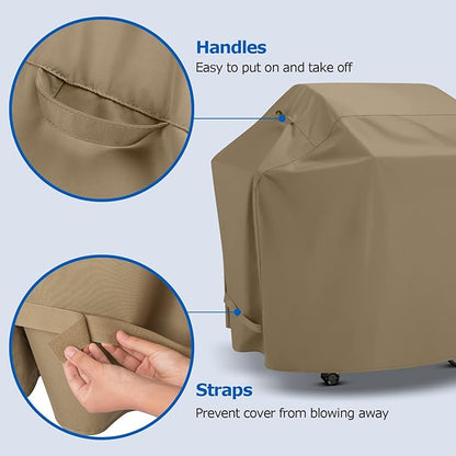 SunPatio Grill Cover 55 Inch for Outdoor Grill, Heavy Duty BBQ Cover with Waterproof Sealed Seam, FadeStop Material, All Weather Resistant Compatible for Weber CharBroil Nexgrill and More, Taupe