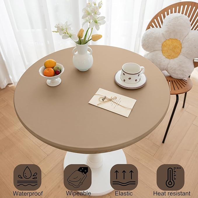 Round Fitted PU Tablecloth with High Elastic Edge 35 Inch Dia Waterproof Oil Proof Table Cloth Anti-scald Stain-Resistant Wipeable Table Cover for Indoor Outdoor Picnic (Cream Coffee,35"Dia)