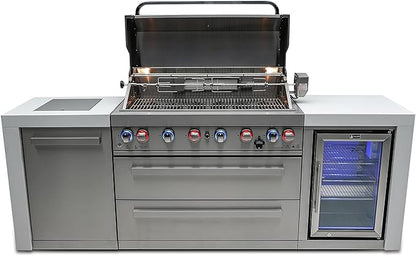 Mont Alpi 805 MAi805-DFC 115000 BTU Stainless Steel Deluxe Modular Outdoor Kitchen Island BBQ Grill with Fridge Cabinet + Infrared Rear & Side Burner + Granite Countertops + Rotisserie Kit & Cover