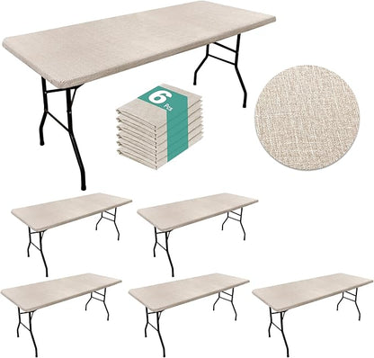 LUSHVIDA 6 Packs Vinyl Tablecloths with Flannel Backing for 8ft Rectangle Folding Table Cloths - Waterproof Plastic Picnic Table Covers with Elastic Corners, 30x96 inch, Natural Color