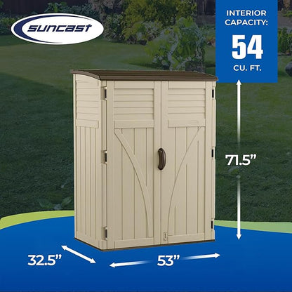 Suncast Outdoor Storage Cabinet Waterproof Resin Vertical Outdoor Storage Shed (54 cu. ft.) for Patio, Garden Tools, Cushions, & Equipment. Weatherproof Plastic Multi-Wall Design, Capacity Made in USA