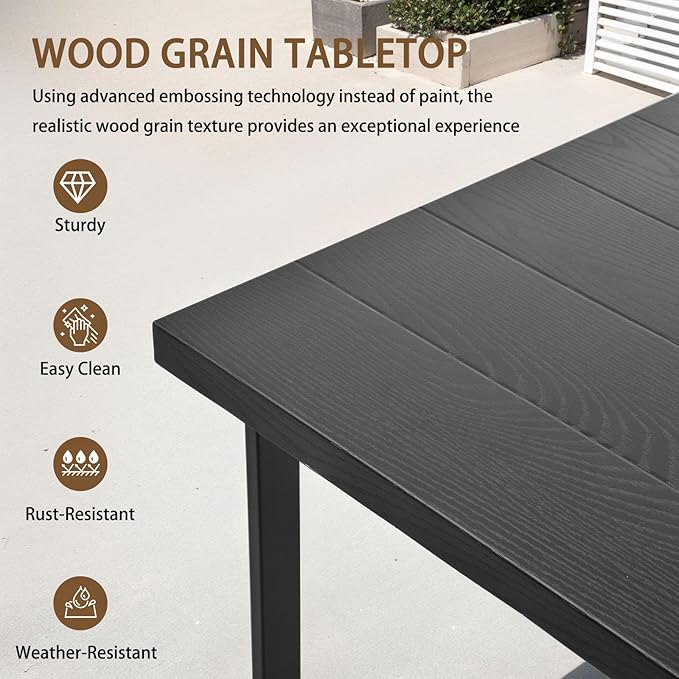 5-Piece Patio Dining Table and Chair Sets, Outdoor Metal Dining Furniture Set with Umbrella Hole, Wood Grain Tabletop, 4 Rope Patio Chairs with Faux Wood Armrest & Cushions for Backyard, Deck