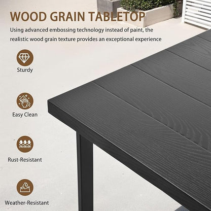 5-Piece Patio Dining Table and Chair Sets, Outdoor Metal Dining Furniture Set with Umbrella Hole, Wood Grain Tabletop, 4 Rope Patio Chairs with Faux Wood Armrest & Cushions for Backyard, Deck