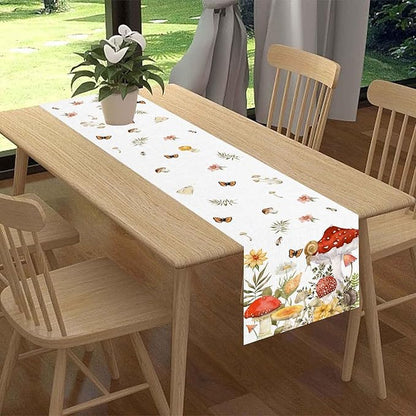 Mushroom Table Runner, Rustic Farmhouse Forest Plants Botanical Wildfloral Coffee Table Center Decor for Home Kitchen Dining Patio Holiday Party Indoor Outdoor Table Decorations, 13"x72" Inch