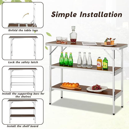 Giantex Portable Bar Table for Events, Folding Mobile Bartending Station with Storage Shelves, Removable Privacy Skirt, Carrying Case, for Parties, Catering, Trade Shows (Coffee, 43.5''L x 34.5''H)