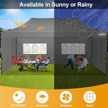 COBIZI 10x20 Pop up Canopy Tent 10x20 Canopy with 6 Sidewalls Waterproof Heavy Duty Commercial Tent for Parties Outdoor Garden Gazebo, Carry Bag with Wheel(10x20ft, Gray)