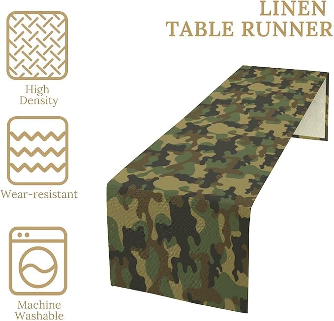 Camo Table Runner, Military Camouflage Coast Guard Force Soldier Hunting Themed Table Runner for Holiday Birthday Party Home Kitchen 13x90in