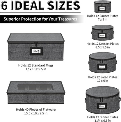 Aokeyee China Storage Containers- 6 Piece Set Hard Shell Moving Box for Dishes, Plate, Mugs, Cups, Silverware, Flatware, Saucers, Dinnerware, Sturdy Quilted Organizer with Soft Dividers, Handles, Grey