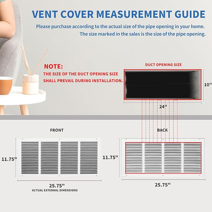 24x10 Return Air Grille (Duct Opening Size), Air Return Vent Cover, AC Vent Cover, Cold Air Return Vent Cover, Flat Return Air Grilles, Outer Dimensions:25.75"W x 11.75"H (24"Wx10"H, Duct Opening)