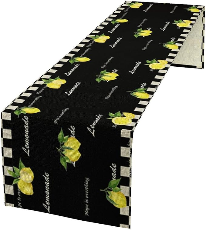 Lemon Table Runner,White Black Buffalo Plaid Watercolor Summer Fruit Print Table Runner for Kitchen Dining Table Indoor Outdoor Home Party Decor 13x108in