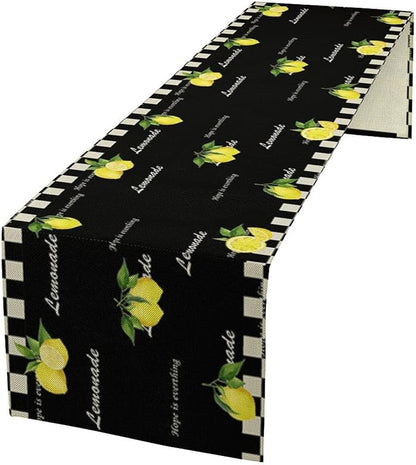 Lemon Table Runner,White Black Buffalo Plaid Watercolor Summer Fruit Print Table Runner for Kitchen Dining Table Indoor Outdoor Home Party Decor 13x36in
