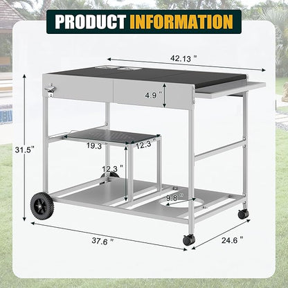 Shintenchi Pizza Oven Cart Table with Topping Station and Wheels, Outdoor Tabletop Grill Table Stand, Movable Food Prep Workcart Fits for Ninja and Blackstone Woodfire Grill