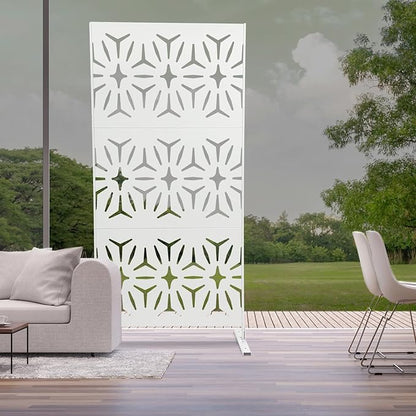 75" H×35" W Decorative Outdoor Privacy Screen with Stand, Outdoor Decor Privacy Fence Screen Metal Fence Panels, Free Standing Metal Divider for Patio Lawn Deck (White-Small Rhombus)