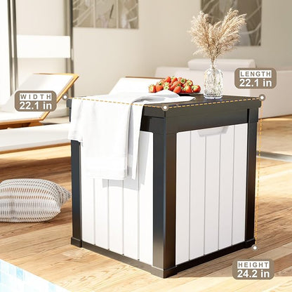 DRATO 51 Gallon Deck Boxes Resin Outdoor Storage Box UV Resistant Outside Deck Box with Lockable Lid for Patio Furniture（Black and White，51 Gallon）