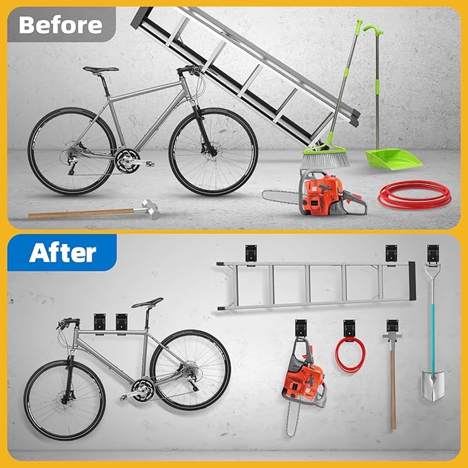 12 Pack Garage Hooks Heavy Duty 10 INCH Double-Layer Steel Shed Wall Mount Workshop Garage Storage Organizer Hooks for Hanging Garden Tool, Hose, Ladder, Chairs, Bikes with Anti-Slip Coating