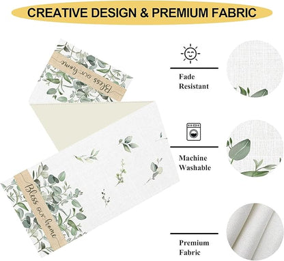 Farmhouse Table Runner, Green Eucalyptus Spring Summer Seasonal Plants Rustic Country Cafe Coffee Table Center Decor for Home Kitchen Dining Patio Indoor Outdoor Table Decorations, 13"x36" Inch