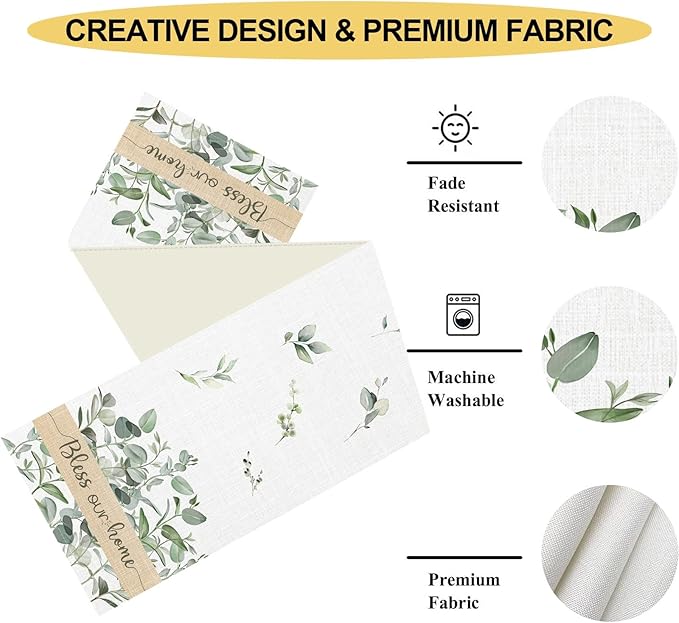 Farmhouse Table Runner, Green Eucalyptus Spring Summer Seasonal Plants Rustic Country Cafe Coffee Table Center Decor for Home Kitchen Dining Patio Indoor Outdoor Table Decorations, 13"x108" Inch