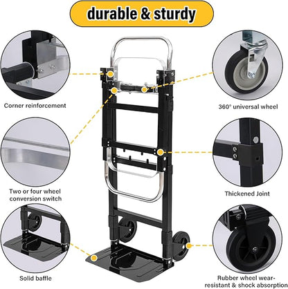 Upgraded 3 in 1 Folding Hand Truck, 600lbs Capacity, Heavy Duty Convertible Dolly with Retractable Handle and 4 Rubber Wheels, Collapsible Cart for Moving Home, Office, Warehouse (Black)
