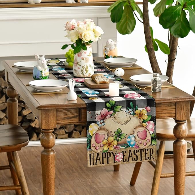Artoid Mode Buffalo Plaid Bunny Egg Flowers Happy Easter Table Runner, Seasonal Spring Kitchen Dining Table Decor for Home Party Decor 13x108 Inch