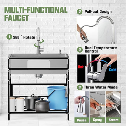 30x22 Inch Stainless Steel Utility Sink-Freestanding Laundry Sink Practicality With Accessories Stainless Functional Faucet,Soap Dispenser, SS Sink Grid For Laundry,Garage,Outdoor Kitchen,Garden...