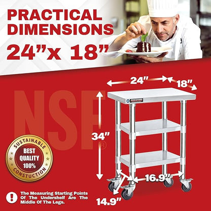 DuraSteel Stainless Steel Work Table 24" x 18" x 34" Height w/ 4 Caster Wheels - Food Prep Commercial Grade Worktable - NSF Certified - Good for Restaurant, Business, Warehouse, Home, Kitchen, Garage