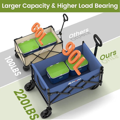 Collapsible Wagon with Wheels, 220 lbs Wagons Carts Foldable Wagon Cart with Flexible Handle, Lightweight Portable Folding Utility Grocery Shopping Cart for Grocery Sports Garden Camping, Blue