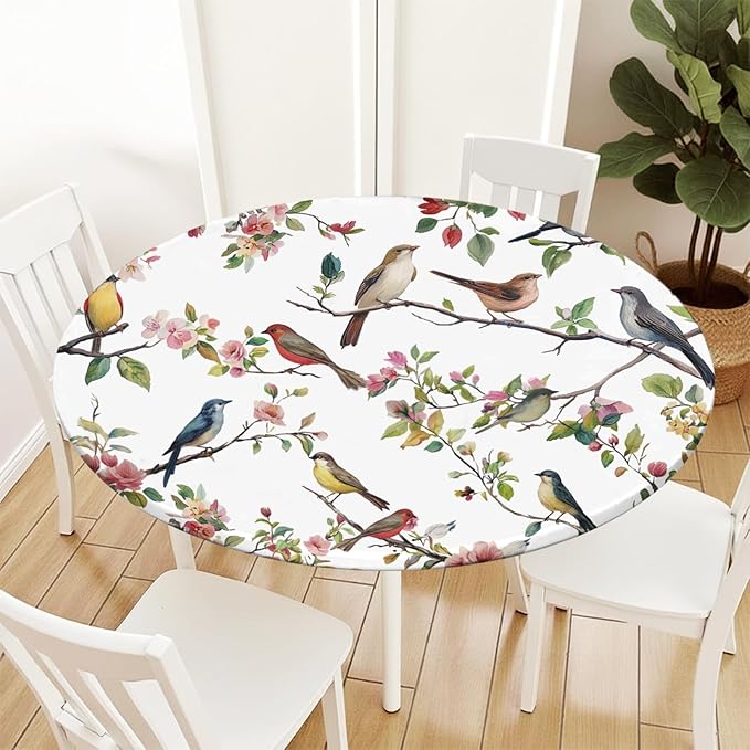 Spring Summer Round Fitted Tablecloth with Elastic Edge Bird Floral Easter Circle Table Cloth for 40-44" Round Tables Wipeable Waterproof Hummingbird Flower Table Cover for Outdoor Picnic Dining Decor