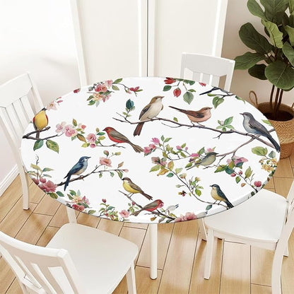 Spring Summer Round Fitted Tablecloth with Elastic Edge Bird Floral Easter Circle Table Cloth for 48-52" Round Tables Wipeable Waterproof Hummingbird Flower Table Cover for Outdoor Picnic Dining Decor