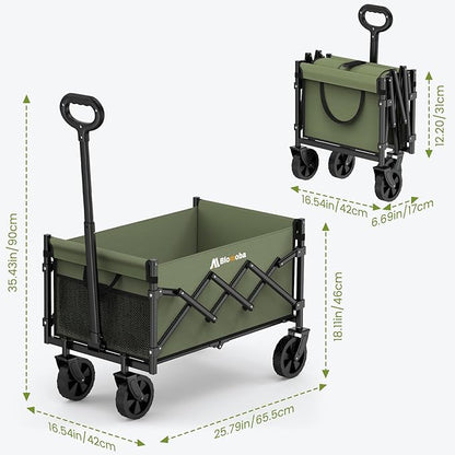 Collapsible Wagon with Wheels, 220 lbs Wagons Carts Foldable Wagon Cart with Flexible Handle, Lightweight Portable Folding Utility Grocery Shopping Cart for Grocery Sports Garden Camping, Green