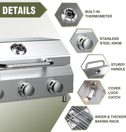 Bestfire 3-Burner Tabletop Gas Grill, 30,000 BTU Portable Propane Grill with Heavy-Duty Thickened Grates & Stainless Steel Knobs, Compact Design&Detachable Legs for Camping, RV, Backyard BBQ