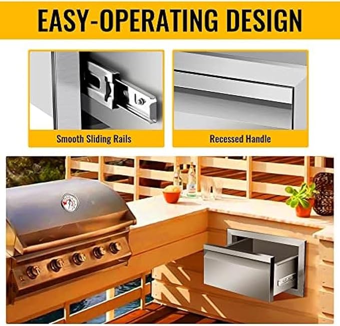 Outdoor Kitchen Drawers, Box Frame Style Flush Mount BBQ Drawer w/Stainless Steel Handle, BBQ Island Drawers For Patio Grill Station,Single Drawer