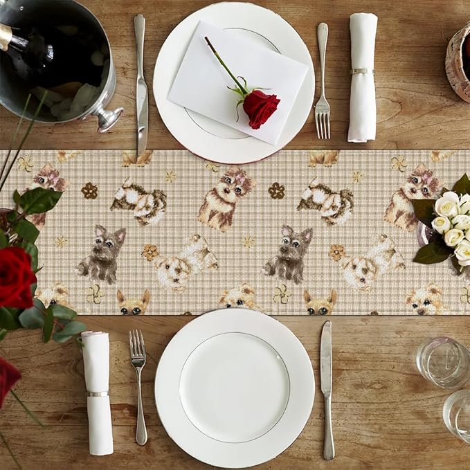 Cute Puppy Table Runner Kitchen Dining Table Runner 13*36in Table Center Decor for Indoor Outdoor Home Holiday Party