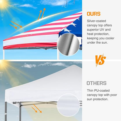 EAGLE PEAK Pop Up Canopy Tent with Wheeled Carry Bag, 8 Stakes, 4 Ropes, 4 Weight Bags, Easy Set Up Tent Canopy, 10x10 ft, 100sqft of Shade, American Flag