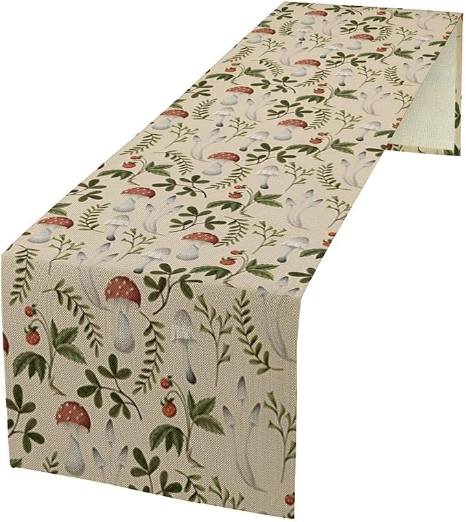 Mushroom Table Runner,Vintage Rustic Boho Botanical Plant Print Tablerunner for Home Kitchen Dining Coffee Table Indoor Outdoor Party Decor 13x108in