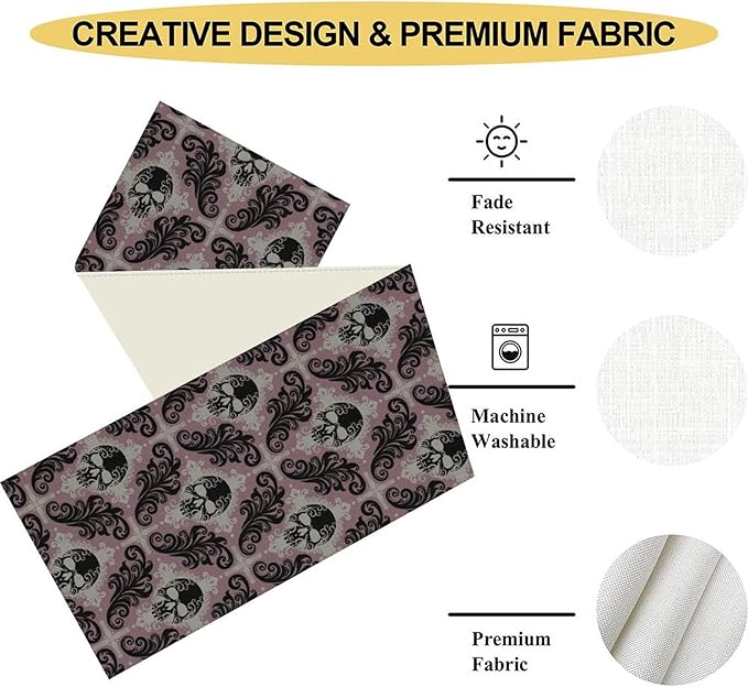 Goth Table Runner, Antique Gothic Damask Skull Baroque Style Floral Halloween Exotic Purple Coffee Vintage Table Center Decor for Kitchen and Dining Outdoor Country Party Table Decorations, 13"x108"