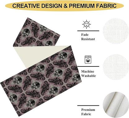 Goth Table Runner, Antique Gothic Damask Skull Baroque Style Floral Halloween Exotic Purple Coffee Vintage Table Center Decor for Kitchen and Dining Outdoor Country Party Table Decorations, 13"x36"