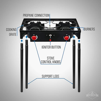 Hike Crew Auto Ignition Double-Burner Outdoor Gas Stove | 150,000 BTU Portable Propane-Powered Cooktop with Blue Flame Control, Removable Legs, Temperature Setting Knobs | Includes Hose & Regulator