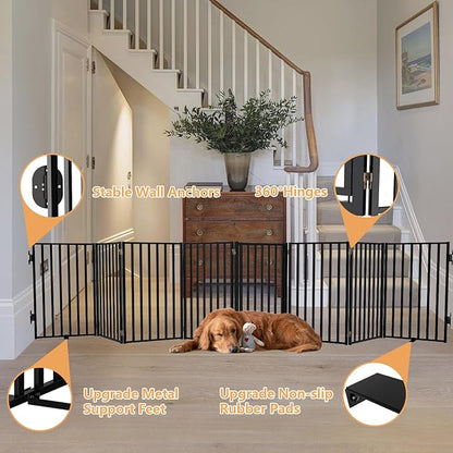 Full Metal Freestanding Dog Gates with Door, 32" Height Dog Fences for Indoor & Outdoor, Extra Wide Foldable Pet Gates for Stairs, Hallways, Doorways, Yard (8 Panels, 160" W × 32" H)